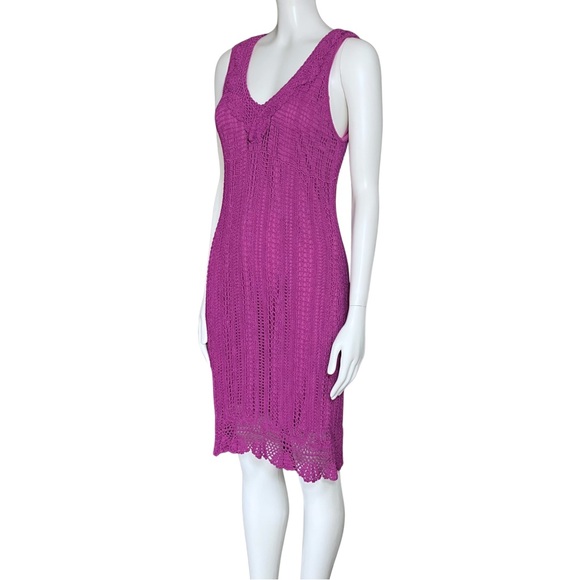 Vintage 90s Y2K Magenta Crochet Midi Dress. Medium. Cottagecore Festival Boho - Picture 3 of 12
